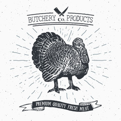 Fototapeta na wymiar Butcher Shop vintage emblem turkey meat products, butchery Logo template retro style. Vintage Design for Logotype, Label, Badge and brand design. vector illustration.