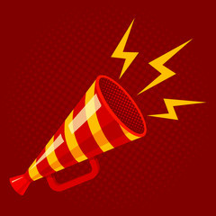 Striped megaphone on red background.
