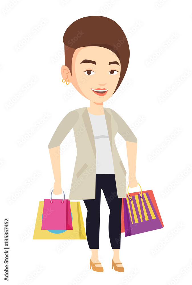 Sticker happy woman with shopping bags vector illustration