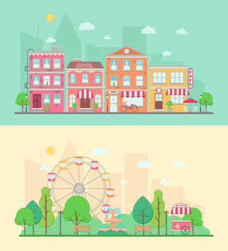 Amusement park and city landscapes