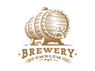 Wooden beer barrel logo - vector illustration, emblem brewery design on white background