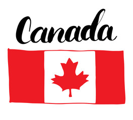 Fototapeta na wymiar Canada Hand drawn flag, with Maple leaf and calligraphy lettering vector illustration isolated on white background.