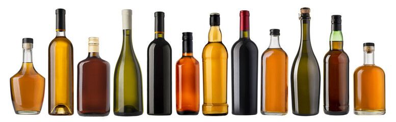 Set of wine and brandy bottles - obrazy, fototapety, plakaty
