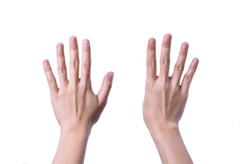 Hand women asian nine finger symbol isolated on white background