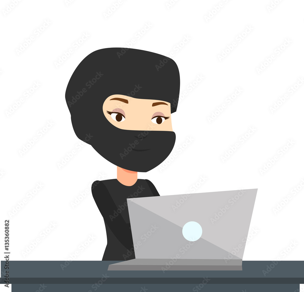 Poster hacker using laptop to steal information.