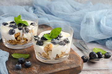 Healthy dessert with homemade granola, yogurt and blueberries, selective focus, copy space