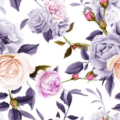 Roses and peony with leaves. Watercolor, hand drawn. Seamless background pattern. Vector - stock.