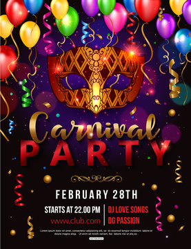 Carnival Party Flyer Design With Carnival Mask, Balloon, Confetti. Vector Illustration.