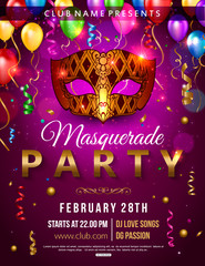 Masquerade party flyer design with carnival mask, balloon, confetti. Vector illustration.