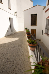 Fototapeta na wymiar Andalusian white towns: Arcos de la Frontera, flowerpots in a scenic alley