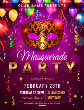 Masquerade Party Flyer Design With Carnival Mask, Balloon, Confetti. Vector Illustration.