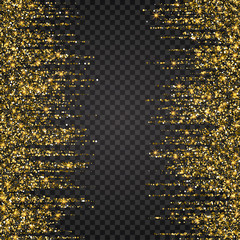 Festive explosion of confetti. Gold glitter background for the card, invitation. Holiday Decorative element. Illustration of falling shiny particles and stars isolated on checkered background.