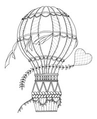 Air balloon and doodle heart. Zentangle inspired pattern with aerostat for coloring book for adults and kids.