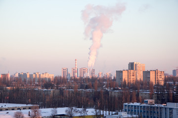 Evening winter cityscape view of industrial area in Voronezh.  