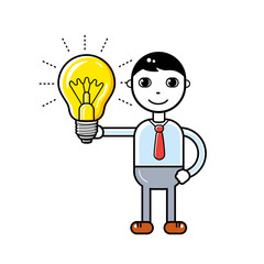 Young business man character holding a glowing light bulb, idea illustration.