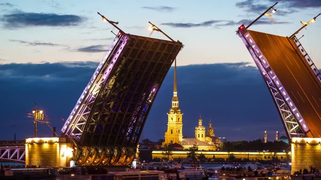 Open Dvortsovy Bridge and view of the Spit of Vasilyevsky Island, Saint-Petersburg, Russia,  timelapse