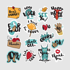 Everyday stickers for mobile messages, chat, social media, online communication, networking, web design, printed material. Set of vector illustration concepts.