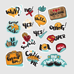 Set of stickers and signs for everyday communication. Vector illustrations for social network, website design, mobile messages, social media, online communication, cards and printed material, app. 