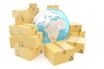 Cardboard box shipping and worldwide delivery business concept, earth planet globe. 3d rendering. Elements of this image are furnished by NASA
