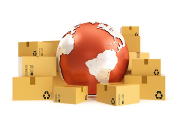 Cardboard box shipping and worldwide delivery business concept, earth planet globe. 3d rendering. Elements of this image are furnished by NASA