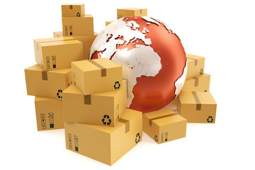 Cardboard box shipping and worldwide delivery business concept, earth planet globe. 3d rendering. Elements of this image are furnished by NASA
