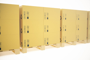 Stack of cardboard delivery boxes or parcels. Warehouse concept background. 3d rendering