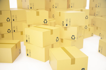 Stack of cardboard boxes isolated on white background for the delivery of business concept. 3d rendering