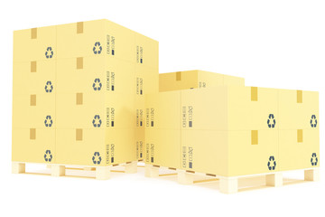 Stack of cardboard delivery boxes for parcels on pallet. Warehouse concept background. 3d rendering