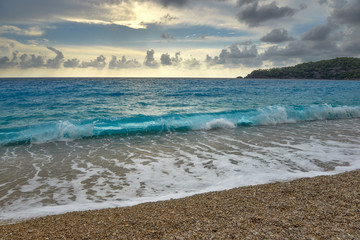 Fototapeta na wymiar Sea beach waves. Close-up view. Mediterranean Sea. Turkey. 