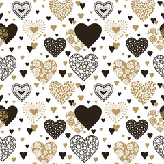 Cute hearts seamless background. Valentine's day ornament black and gold on white. Romantic tiled pattern for wrapping paper and wallpaper design.