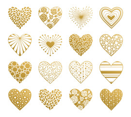 Decorative golden hearts with ornament isolated on white background. Design elements collection for Valentine's Day.