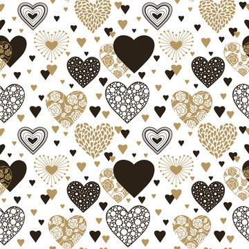 Cute Hearts Seamless Background. Valentine's Day Ornament Black And Gold On White. Romantic Tiled Pattern For Wrapping Paper And Wallpaper Design.