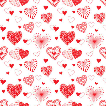 Cute hearts seamless background. Valentine's day ornament red on white. Romantic tiled pattern for wrapping paper and wallpaper design.
