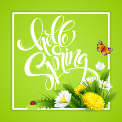 Inscription Hello Spring Hand Lettering on background with flowers. Vector illustration