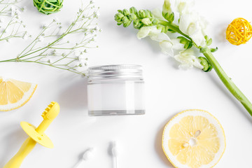 natural organic cosmetics for baby on white background top view