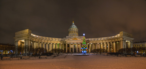 Night panorama of Kazan Cathedral in St. Petersburg