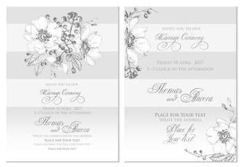 Set of two templates for cards or invitations. Black and white. Vector illustration. Composition of flowers, leaves and berries. Pointillism style.