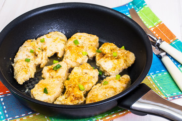 Pieces of meat breaded in a frying pan