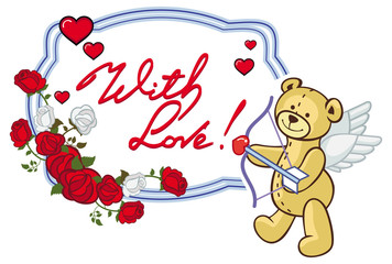 Oval frame with red roses, teddy bear, looks like a Cupid