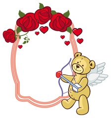 Fototapeta premium Color frame with roses and teddy bear with bow and wings, looks like a Cupid.