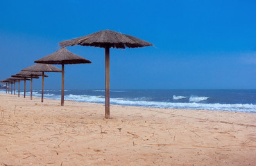 sea coast with thatched umbrellas 