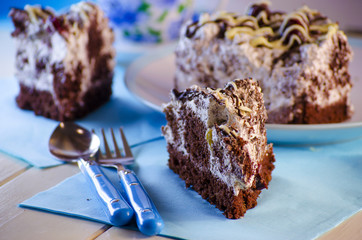 chocolate cake on a blue background