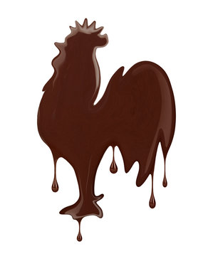 stylized image of a rooster made of melted chocolate on white ba