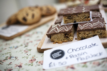 Chocolate covered flapjacks on sale in a Bakery