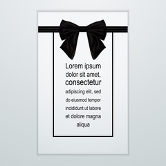 Greeting card with black bow Vector illustration Shiny satin black bow on white greeting card Realistic style