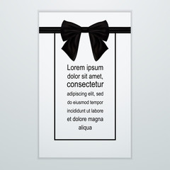 Greeting card with black bow Vector illustration Shiny satin black bow on white greeting card Realistic style
