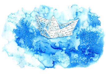 Paper boat floating in the water stream. Watercolor hand drawn illustration.