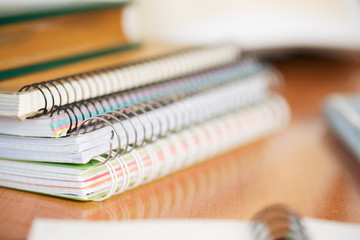 Office desk table with computer, supplies. Copy space for text