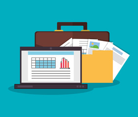 laptop computer, briefcase and file documents  over blue background. office workplace concept. colorful design. vector illustration