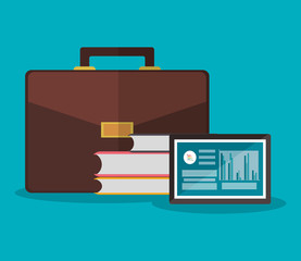 tablet device, stack of books and briefcase over blue background. colorful design. vector illustration